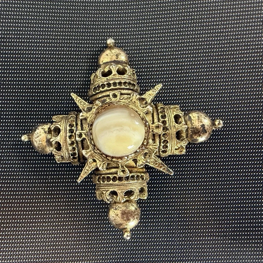 Gold Tone Cross Brooch Pin White Glass Stone Costume